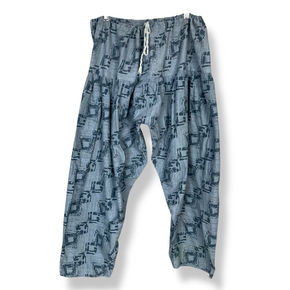Handmade Salwar Pants Square Pattern Blue Gathered Fabric Tie Waist One‎ Size